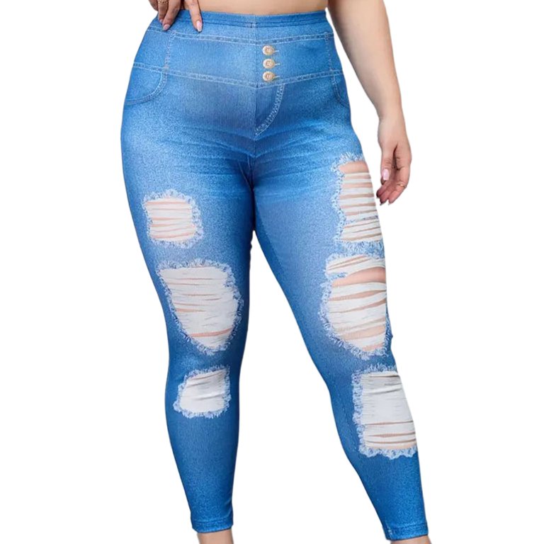 Jeggings Faux Denim Jeans Women Leggings High Waisted Tummy Control Slim  Leggins Printed Pencil Pants Seamless Skinny Trousers