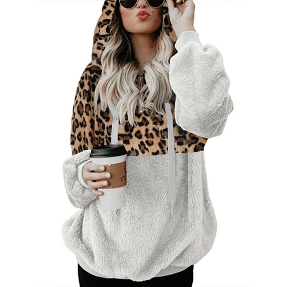 Capreze Ladies Hoodies Drawstring Hooded Tops Long Sleeve Teddy Fleece Sweatshirt Soft Pullover Leopard Print White XXL