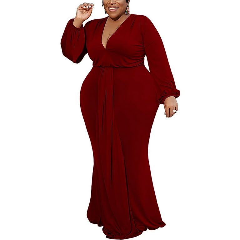 Capreze Ladies Long Dress Sleeve Maxi Dresses Plus Size Swing V Neck Wine  Red 2XL 