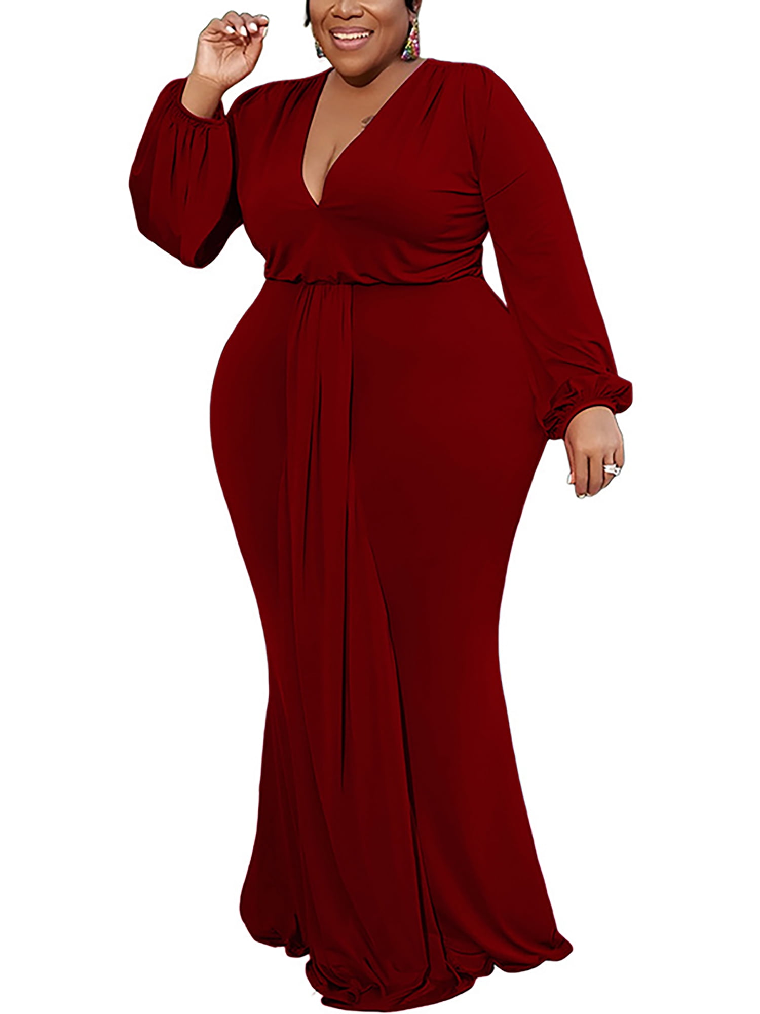 Capreze Ladies Long Dress Sleeve Maxi Dresses Plus Size Swing V Neck Light  Blue 5XL - Walmart.com