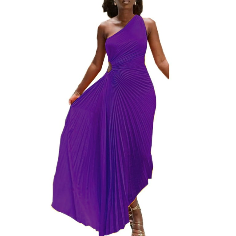 Capreze Ladies Maxi Dresses Off Shoulder Ball Gown Pleated Party Long Dress  Elegant Sleeveless Dark Purple XL 