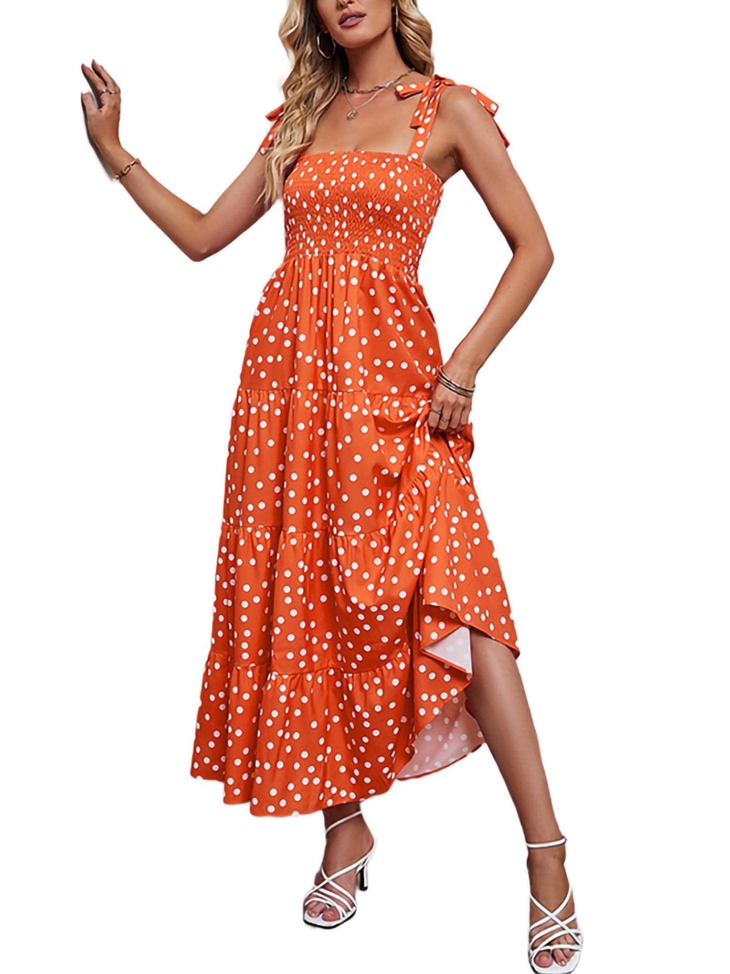 Capreze Ladies Maxi Dresses Polka Dot Long Dress Square Neck Summer Beach  Sundress Solid Color Sleeveless Orange M 