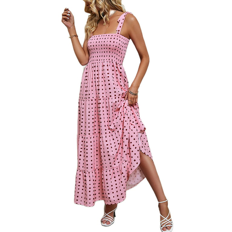 Capreze Ladies Maxi Dresses Polka Dot Long Dress Square Neck Summer Beach  Sundress Solid Color Sleeveless Pink Dots 2XL 