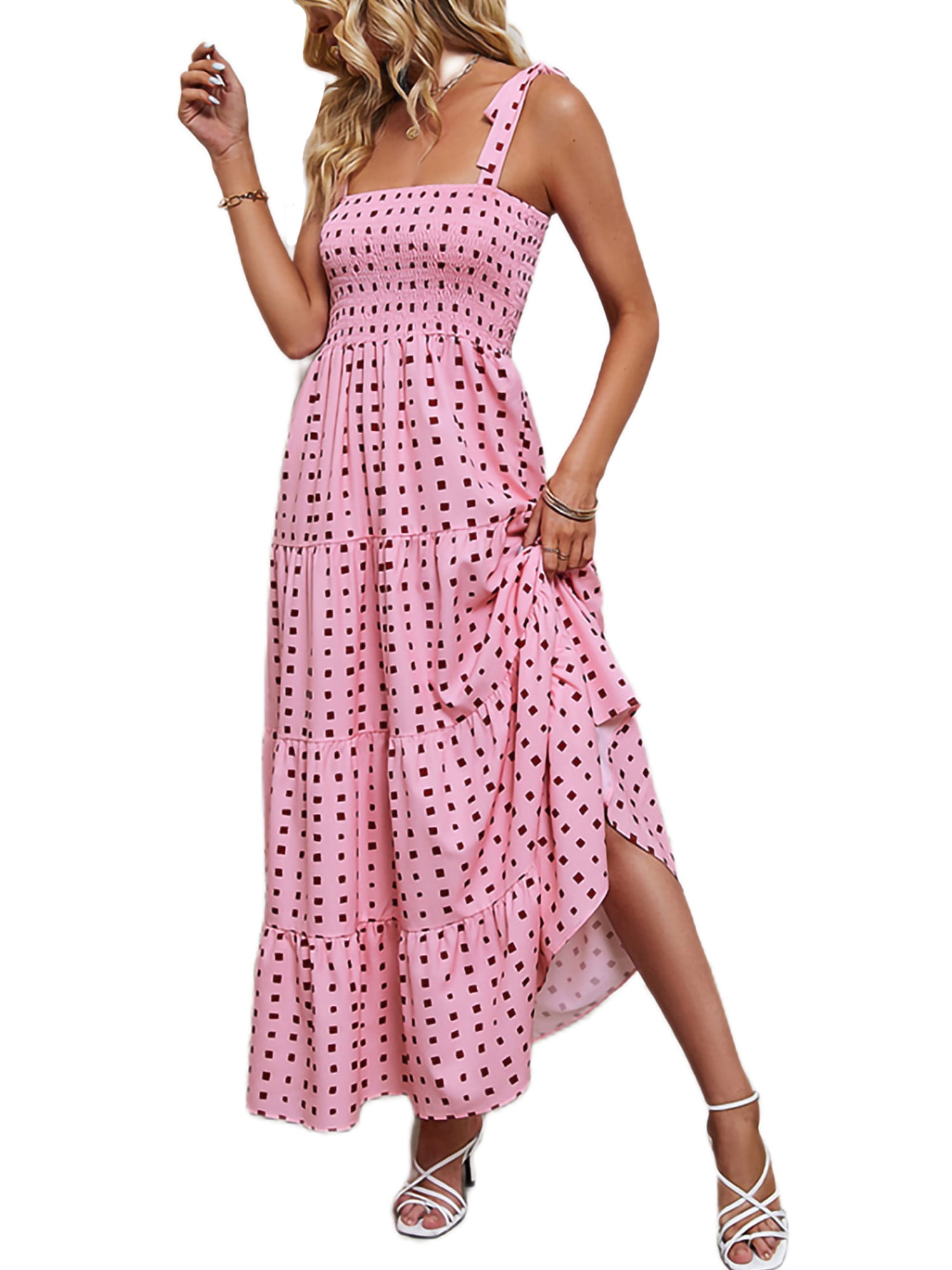 Capreze Ladies Maxi Dresses Polka Dot Long Dress Square Neck Summer Beach  Sundress Solid Color Sleeveless Orange XL 