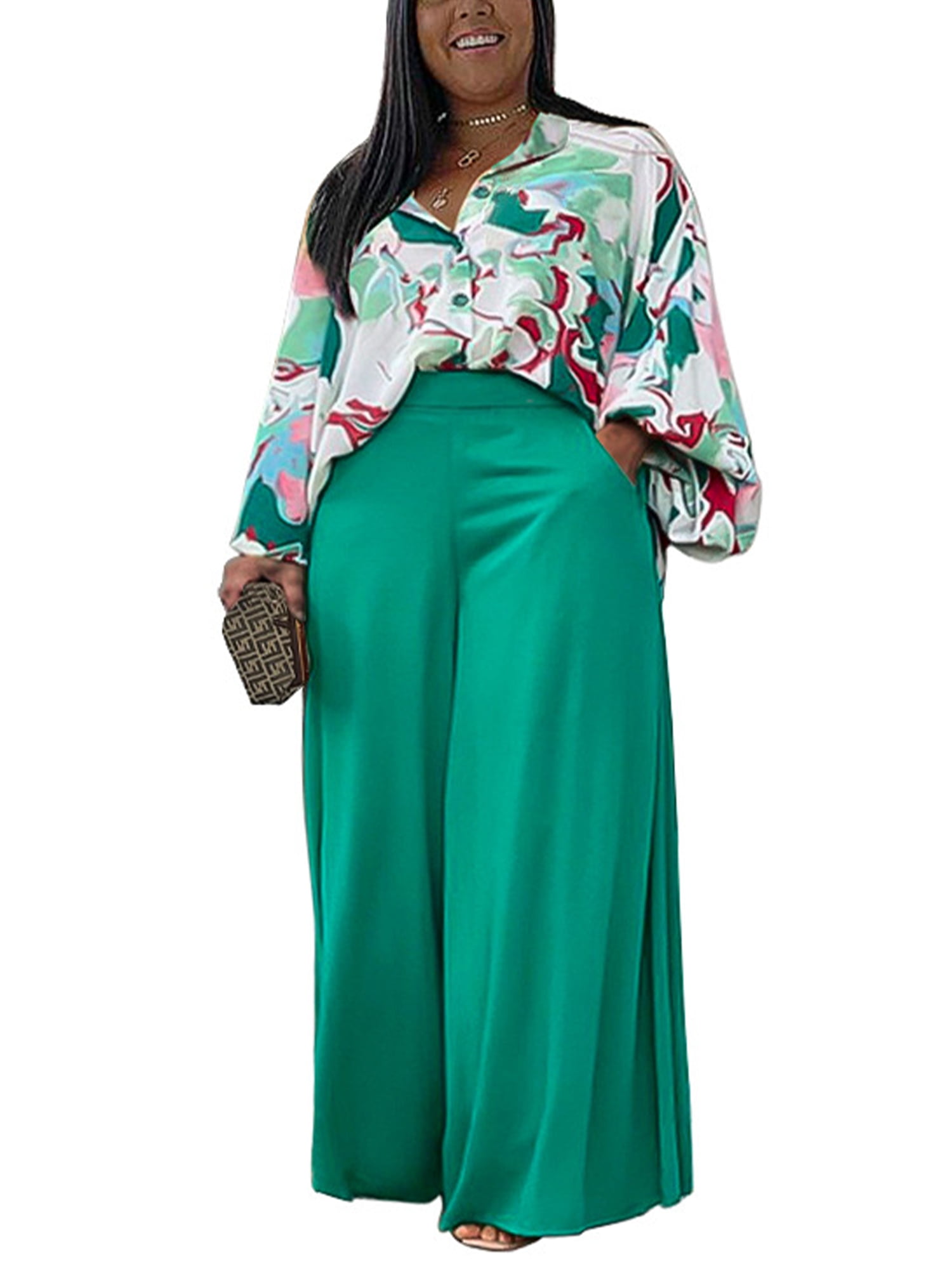Capreze Ladies Shirts And Palazzo Pant Wide Leg Two Piece Outfit Long  Sleeve Lounge Set Baggy Blouse+Trousers Plus Size Green XL 
