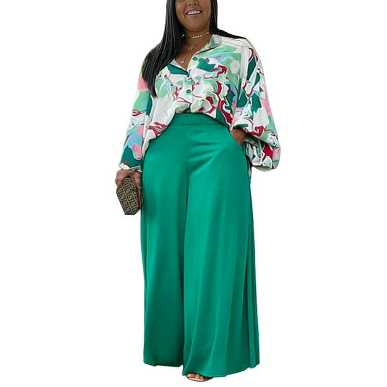 Capreze Ladies Shirts And Palazzo Pant Wide Leg Two Piece Outfit Long  Sleeve Lounge Set Baggy Blouse+Trousers Plus Size Green XL