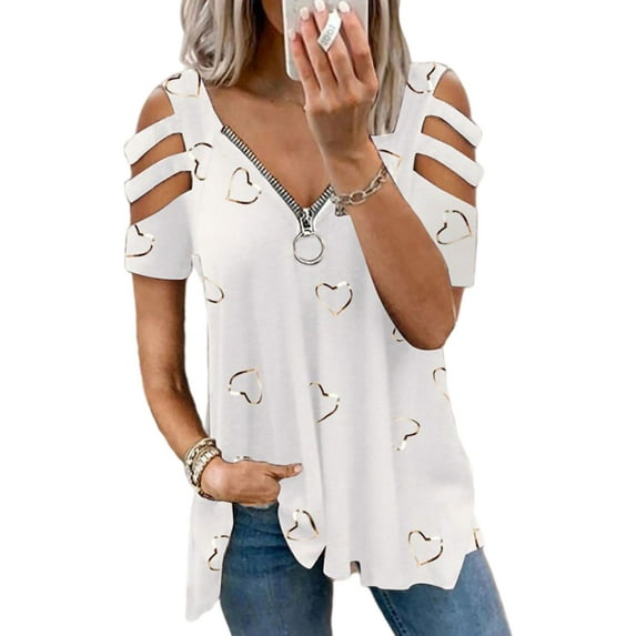 Capreze Ladies Short Sleeve Tops Fashion Heart Print T-shirt Holiday Tee Cold Shoulder T Shirt