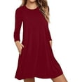 thumbnail image 1 of Capreze Ladies Sundress Pocket Short Mini Dresses Solid Color T Shirt Dress Casual Crew Neck Wine Red L, 1 of 3