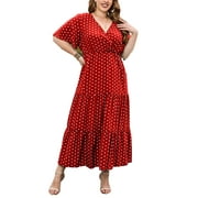 Capreze Ladies Sundress V Neck Long Dress Short Sleeve Summer Maxi Dresses Layered Plus Size Red XL