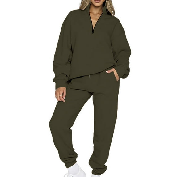 Capreze Ladies Two Piece Outfit Solid Color Tracksuit Set V Neck Jogger Sets Loose Fit Sweatshirt And Sweatpant Long Sleeve Sweatsuits Army Green XL
