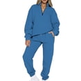 thumbnail image 1 of Capreze Ladies Two Piece Outfit Solid Color Tracksuit Set V Neck Jogger Sets Loose Fit Sweatshirt And Sweatpant Long Sleeve Sweatsuits Blue L, 1 of 5