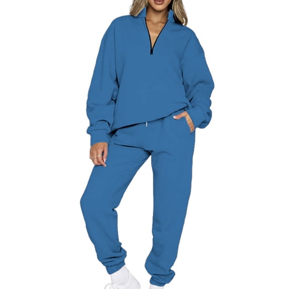 Capreze Ladies Two Piece Outfit Solid Color Tracksuit Set V Neck Jogger Sets Loose Fit Sweatshirt And Sweatpant Long Sleeve Sweatsuits Blue L