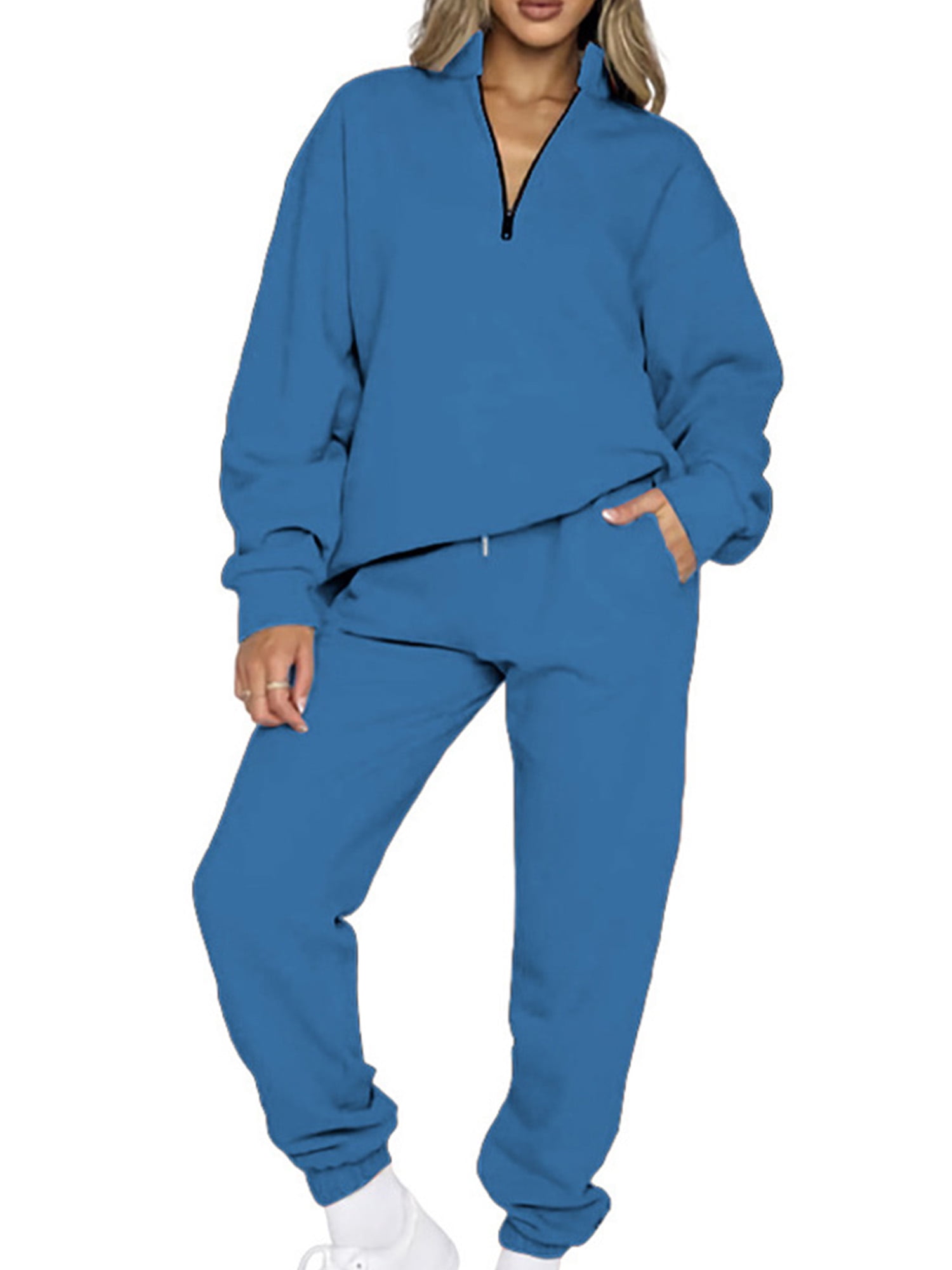 Capreze Ladies Two Piece Outfit Solid Color Tracksuit Set V Neck Jogger  Sets Loose Fit Sweatshirt And Sweatpant Long Sleeve Sweatsuits Blue XL