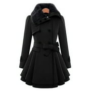 Capreze Lapel Outwear Long Sleeve Overcoats for Women Casual Double Breasted Trench Coats Travel Belted Wool Pea Coat Black 2XL