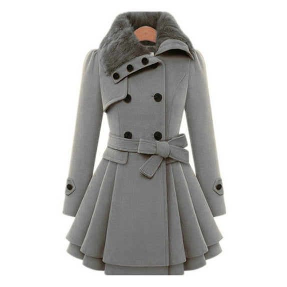 Capreze Lapel Outwear Long Sleeve Overcoats for Women Casual Double Breasted Trench Coats Travel Belted Wool Pea Coat Grey 3XL