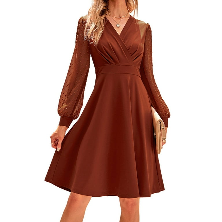 Loose Long-Sleeved V-Veck Solid Color A-Line Dress Loose Long-Sleeved V-Veck Solid Color A-Line Dress