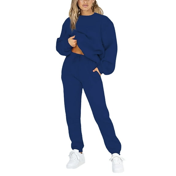 Capreze Long Sleeve Sweatsuits For Womens Solid Color Casual Lounge Sets Long Sleeve Activewear Joggers Outfits Blue L