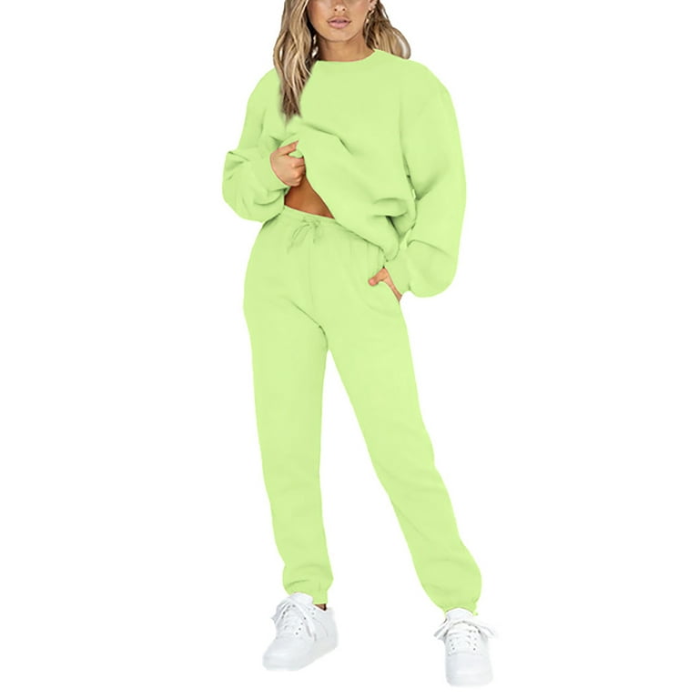 Capreze Long Sleeve Sweatsuits For Womens Solid Color Casual Lounge Sets  Long Sleeve Activewear Joggers Outfits Fluorescent Green M 