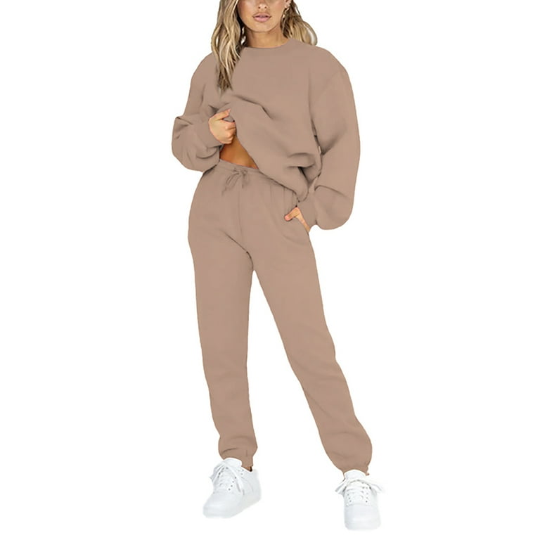 KIJBLAE Sales Women Solid Color Sweatsuit Leisure Time Pocket Hooded  Sweatshirt Athletic Wear Pant Long Sleeves Suit with Drawstring Khaki XL
