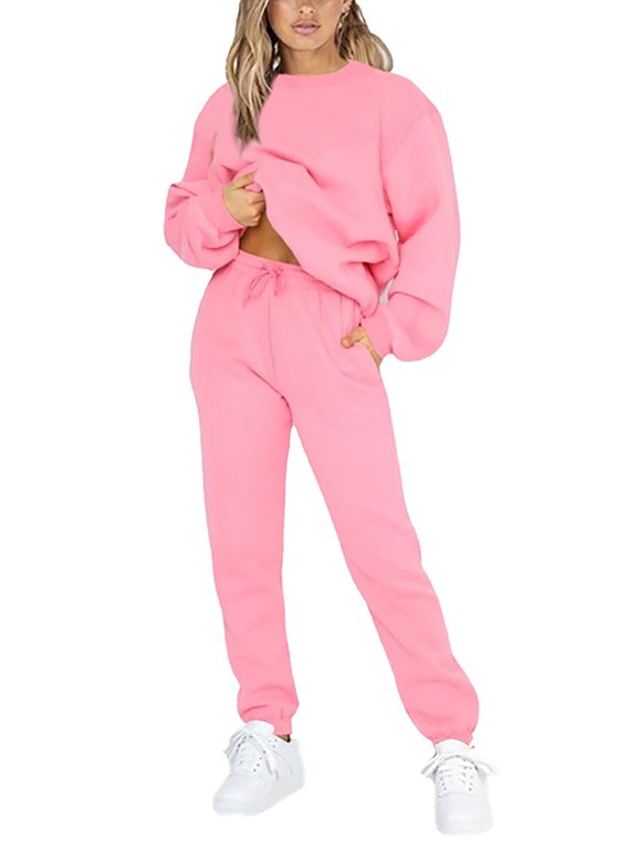 Capreze Long Sleeve Sweatsuits For Womens Solid Color Casual Lounge Sets Long Sleeve Activewear Joggers Outfits Pink XXL
