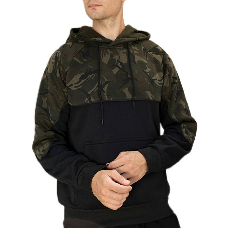 Capreze Men Camo Print Pullover Patchwork Camouflage Hoodies Sweatshirt Color Block Long Sleeve Tops with Pockets Black M