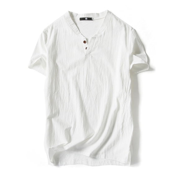 Capreze Men Casual Beach Henley Shirt Summer Short Sleeve Cotton Linen Tees Button V Neck Basic T Shirt Holiday Tops