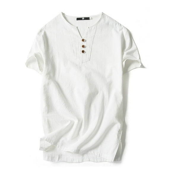 Capreze Men Casual Beach Henley Shirt Summer Short Sleeve Cotton Linen Tees Button V Neck Basic T Shirt Holiday Tops