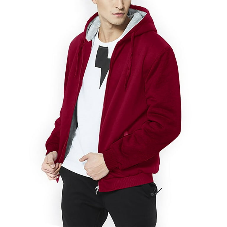 Capreze Men Fleece Hoodies Full Zip Outwear Solid Color Hooded Sweatshirt  Thick Plush Jacket Long Sleeve Sherpa Lined Sweatshirts Coat Red M 