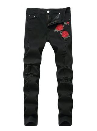 Frayed Biker Jeans Pants Men's Black Skinny Ripped Stretch Casual Denim  Trousers