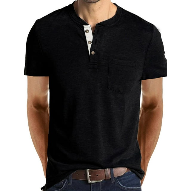 Capreze Men Short Sleeve T Shirts Front Pocket Button Down Basic Tee Holiday T-shirt Solid Color Pullover Black 2XL