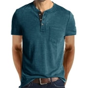 Capreze Men Short Sleeve T Shirts Front Pocket Button Down Basic Tee Holiday T-shirt Solid Color Pullover Blue M