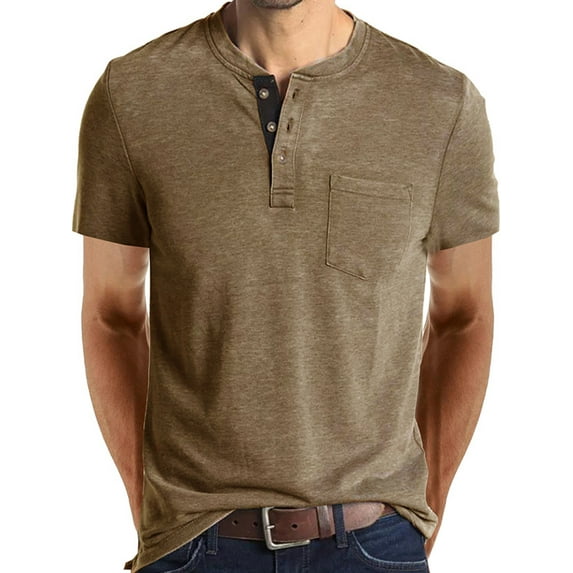 Capreze Men Short Sleeve T Shirts Front Pocket Button Down Basic Tee Holiday T-shirt Solid Color Pullover Khaki L