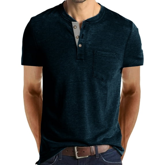 Capreze Men Short Sleeve T Shirts Front Pocket Button Down Basic Tee Holiday T-shirt Solid Color Pullover Royal Blue L