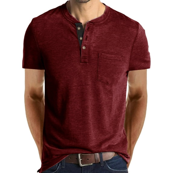 Capreze Men Short Sleeve T Shirts Front Pocket Button Down Basic Tee Holiday T-shirt Solid Color Pullover Wine Red 2XL