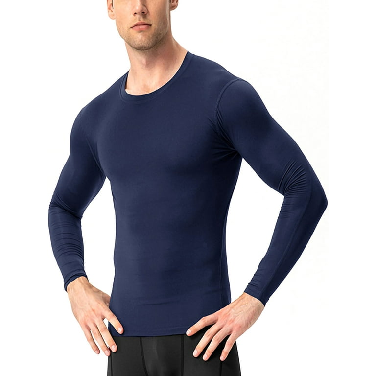 Capreze Men Sport T Shirt Long Sleeve Compression Shirts Baselayer Muscle  Tops Breathable T-shirt Cool Dry Tee Navy Blue 2XL