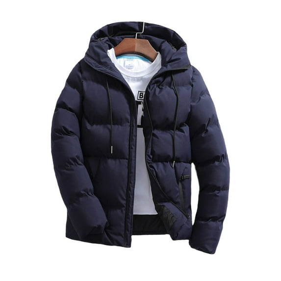 Capreze Men Winter Coat Full Zip Long Sleeve Outerwear Solid Color Long Sleeve Winter Down Puffer Jacket Navy Blue 2XL