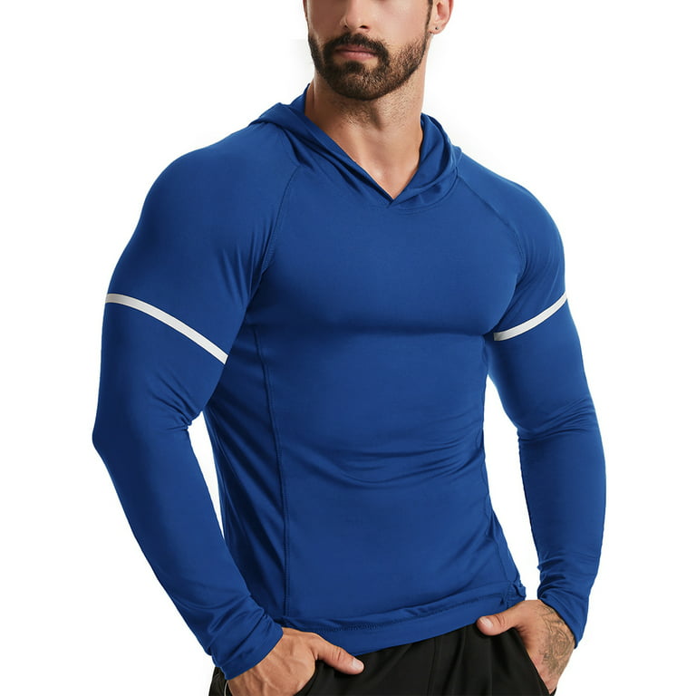 Capreze Men Winter Gear Running T-Shirt Long Sleeve Compression T Shirts  Solid Color Baselayer Tops Quick Dry Workout Hooded Neck Royal Blue L 