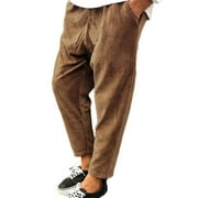 Capreze Mens Corduroy Bottoms Casual With Pockets Cropped Pant Fall Trousers Straight Leg Pants Brown 5XL