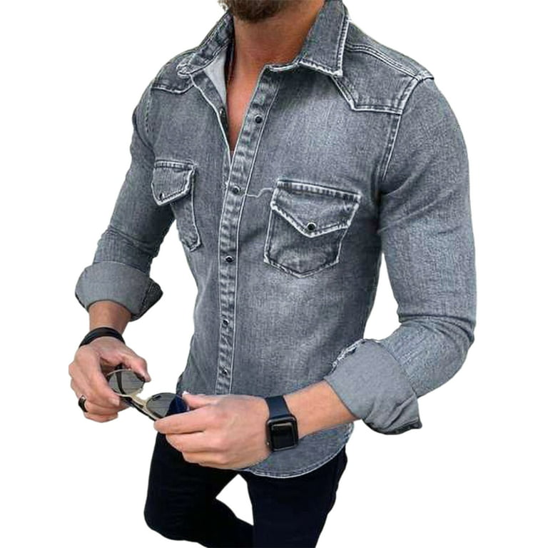 Capreze Mens Long Sleeve Denim Shirt Slim Fit Chambray Long Sleeve Button  Down Shirt with Pocket Winter Thin Jacket Coats