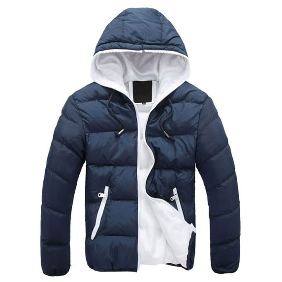 Capreze Mens Round Hem Down Coats Thermal Color Block Puffer Jacket Outdoor Outwear With Pockets Overcoats Navy Blue White L