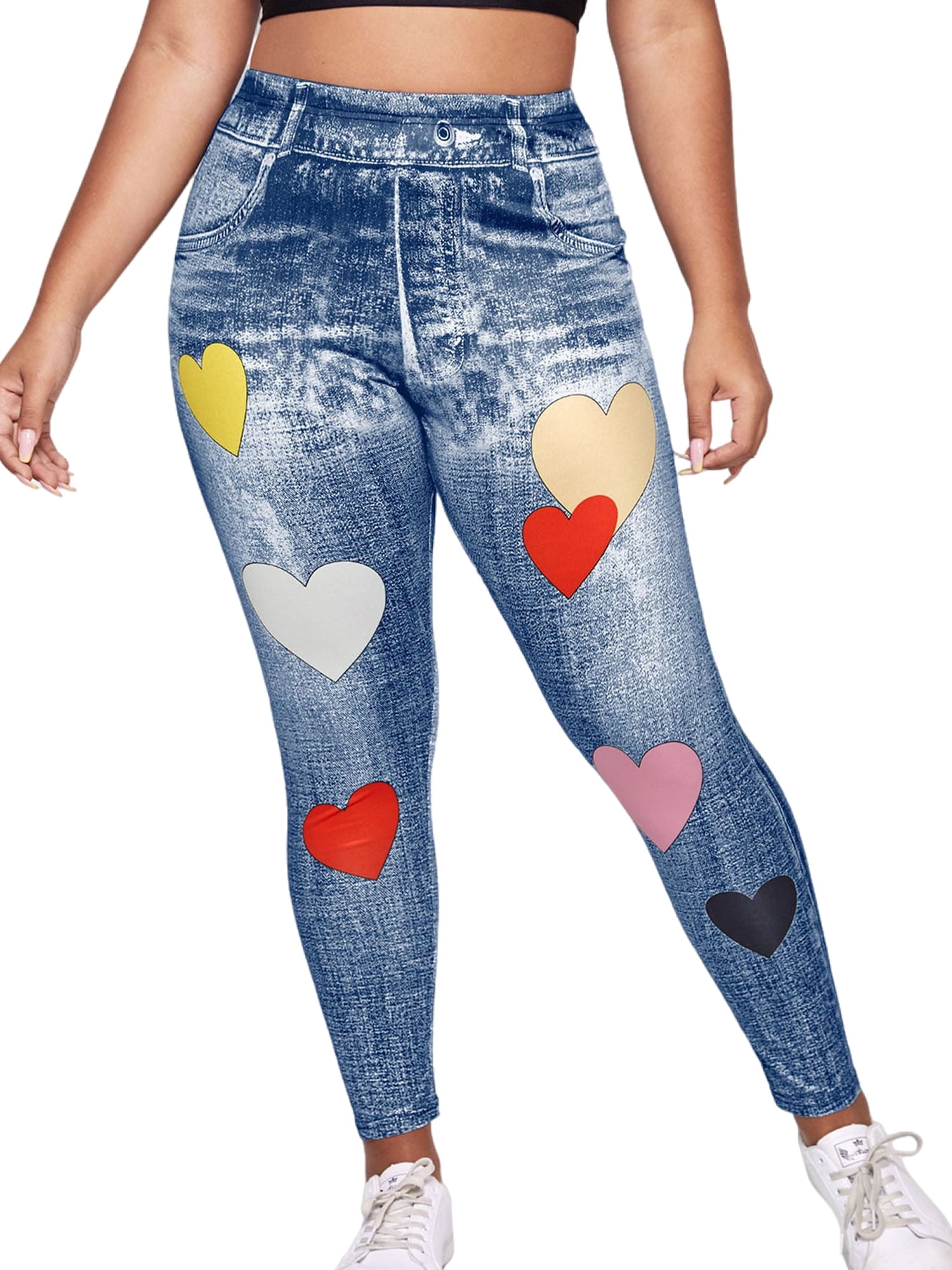 Capreze Plus Size Leggings for Women High Rise Skinny Pants Print Faux Fake Jeans Look Stretch Denim Jeggings Blue Heart 4XL Walmart