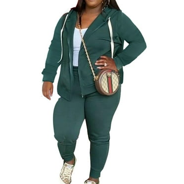 Capreze Plus Size Sweatsuits for Women Drawstring Tracksuit Sets Long Sleeve Two Piece Outfit Loose Fit Hooded Sweatshirt+ Pants Hoodies Jogger Set Dark Green XL