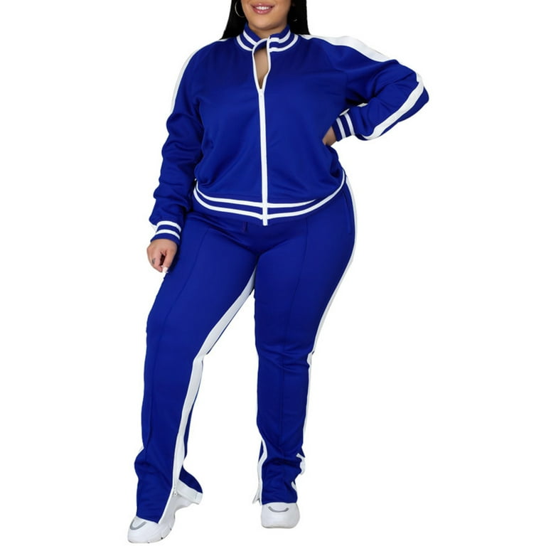 Capreze Plus Size Two Piece Outfits for Women Oversized Casual Track Suits  for Ladies Jogging Set Zipper Sweatshirt with Pockets Blue XL