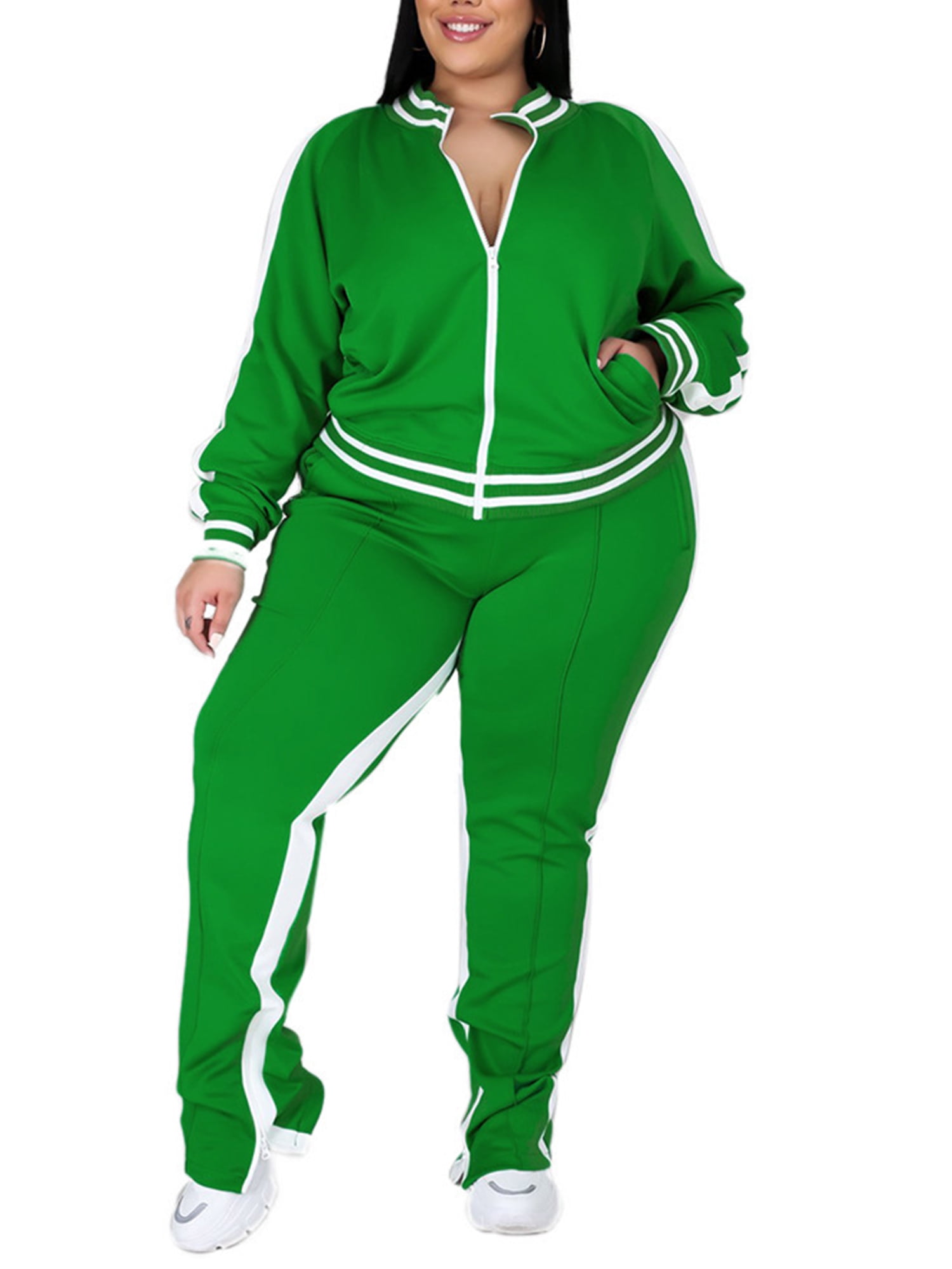 Capreze Plus Size Two Piece Outfits for Women Oversized Casual Track Suits for Ladies Jogging Set Zipper Sweatshirt with Pockets Green XXXL