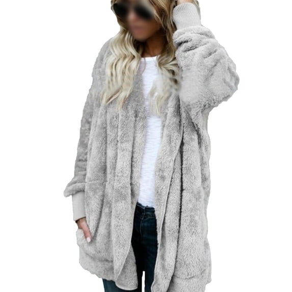 Capreze Plus Size Women Hooded Cardigan Jackets Winter Fleece Open Front Long Sleeve Coat Outwear with Pockets for Ladies
