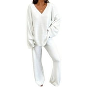 Capreze Polar Fleece Sleepwear Set Long Sleeve Lounge Sets for Women Thick Wide Leg Pajamas Home V Neck Two Piece Outfit