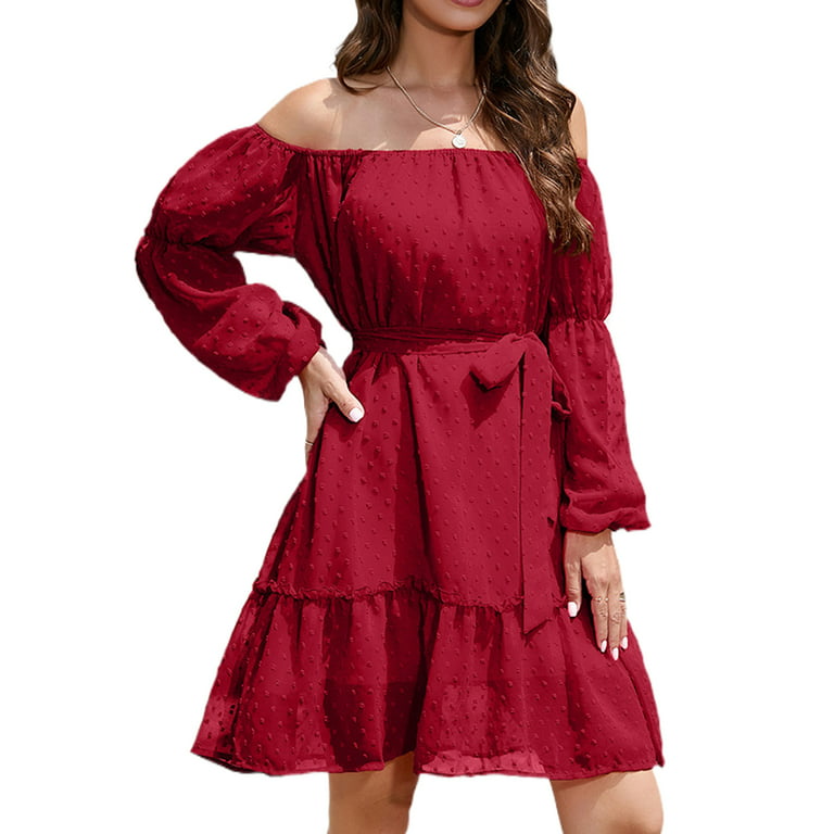 Capreze Pom Pom Mini Dresses Solid Color Short Dress for Women A Line  Holiday Off Shoulder Dress Red XL 