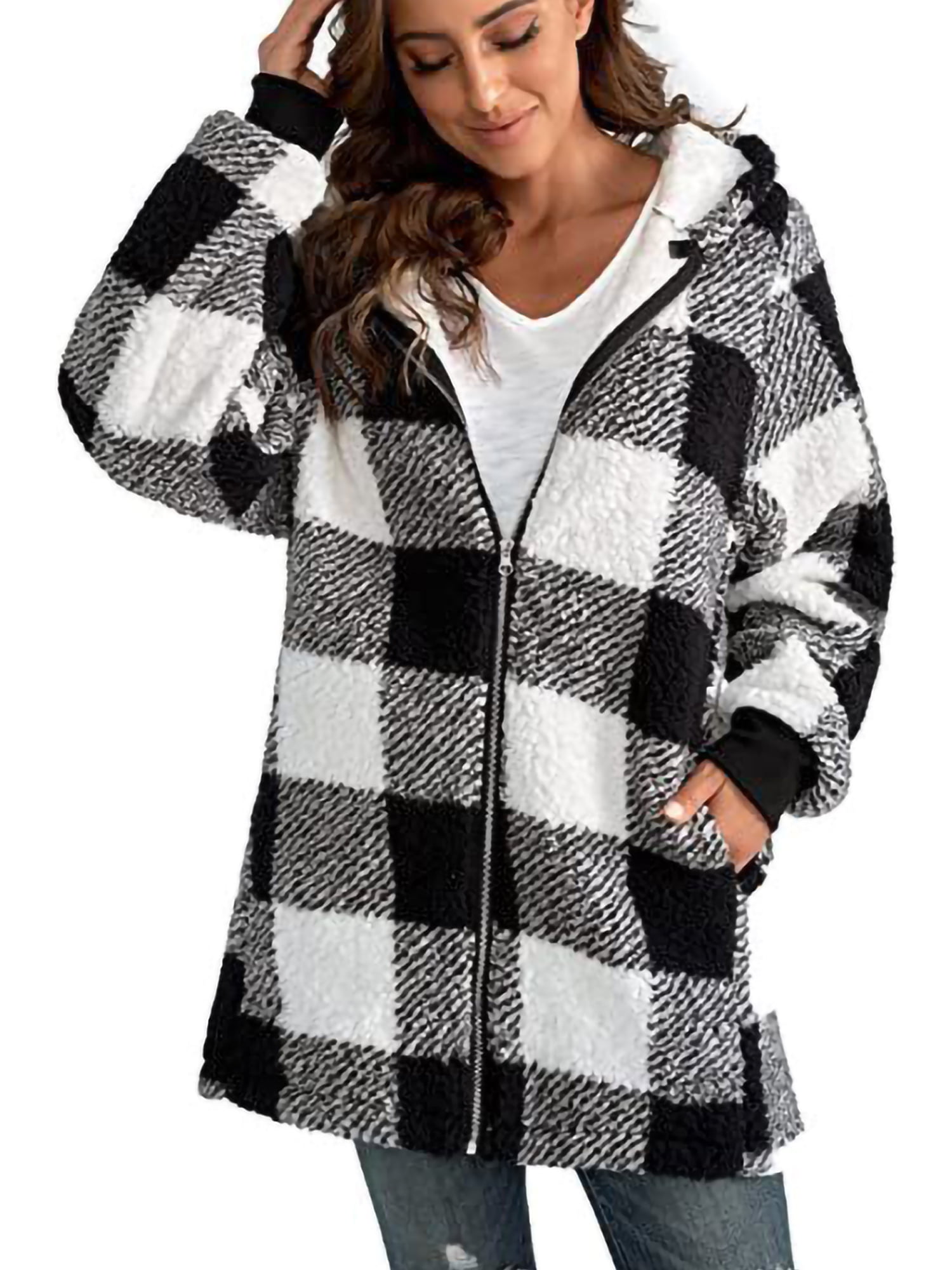 Capreze Sherpa Fuzzy Fleece Hooded Coat for Women Winter Full Zip Up Jackets  Plaid Hoodies Outwear with Pocket Black 2XL - Walmart.com