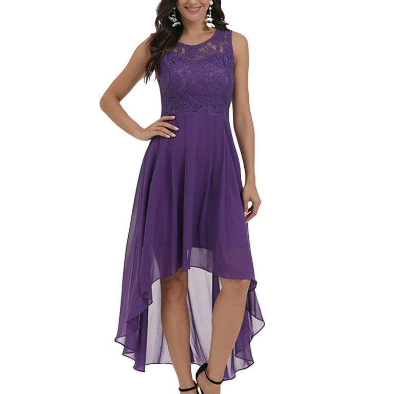 Capreze Solid Color Long Dress Summer Beach Sundress for Women Swing Back  Zip Evening Dresses Holiday High Low Hem Purple S 