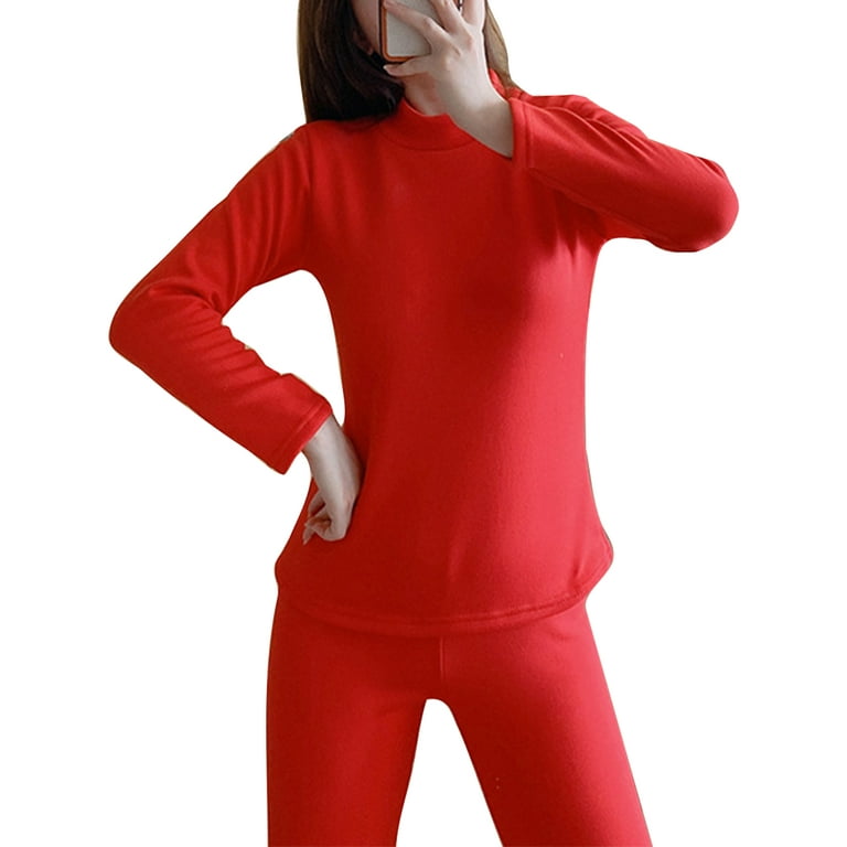 Capreze Solid Color Tees Fleece Lined Thermal Tops for Women Basic Long  Sleeve T-shirt Base Layer Stretchy Pullover Red XL 